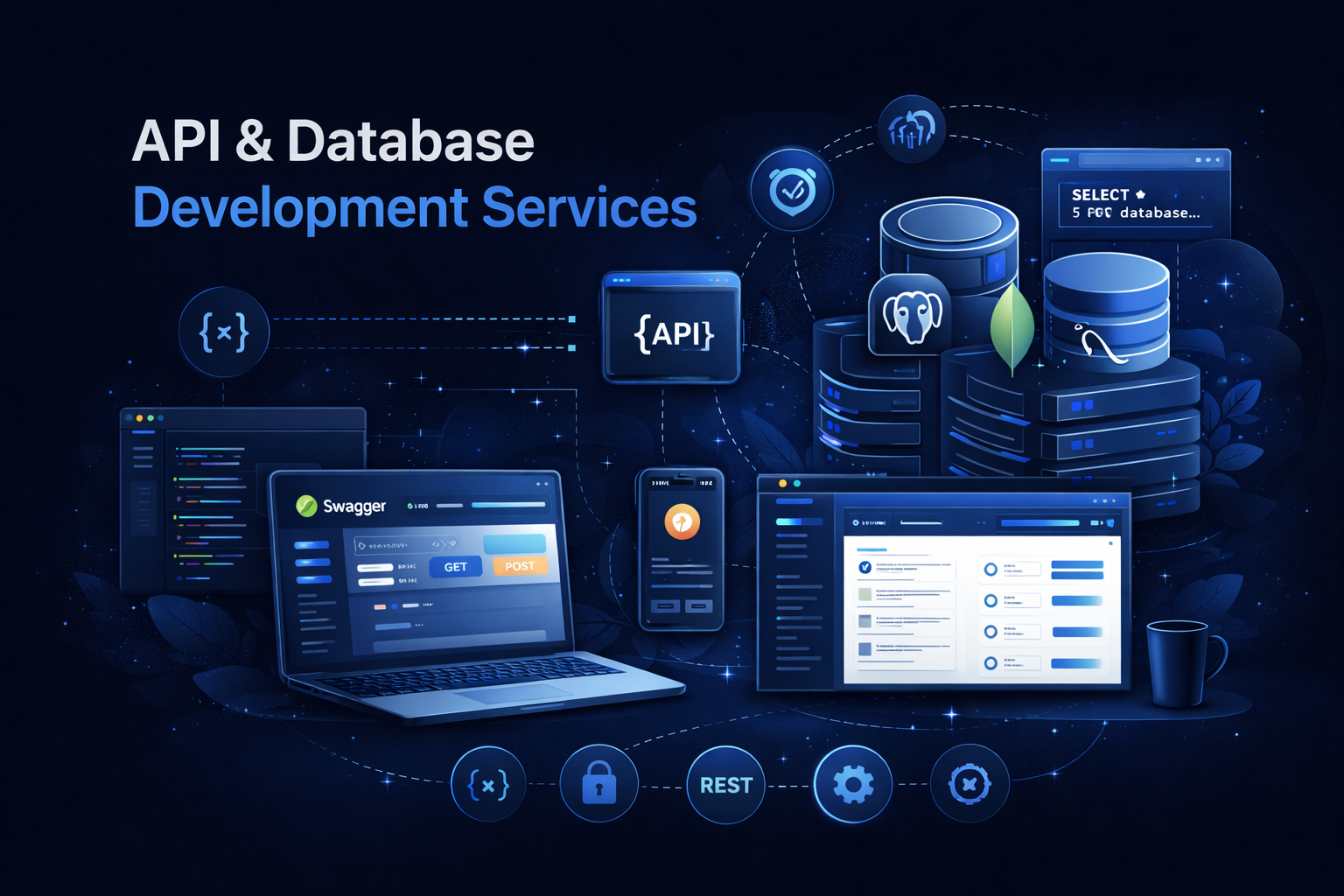 API development architecture diagram showing database connections and endpoints